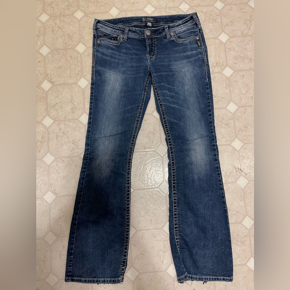 Silver SUKI Low Rise Boot Cut Dark Blue Stretch Denim Jeans Women 32x33